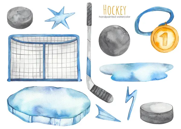 Hockey Goal Ice Medal Stick Puck Cards Invitations Boys Watercolor — Stock Photo, Image