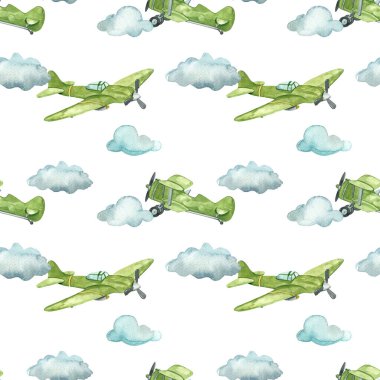 Askeri uçak, beyaz arka planda çocukların parmak izleri için hava taşımacılığı suluboya desensiz