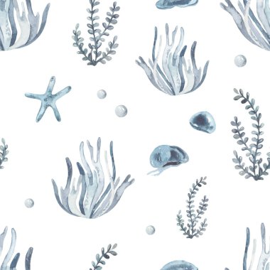 Underwater creatures with corals, seaweed, starfish, blue jellyfish for prints and texturesWatercolor seamless pattern clipart