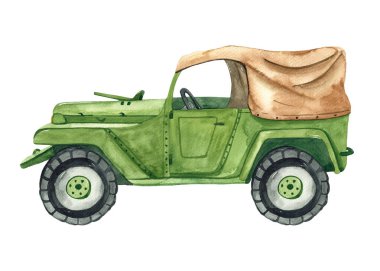 For boys, for invitations, cards Watercolor military green car clipart