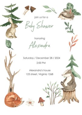 Şirin orman hayvanları, tilki, porsuk, kirpi, tavşan, ladin, ağaçlar, mantarlar, bebek kartları için çiçekler, davetiyeler, bebek odası bebek odası bebek partisi 