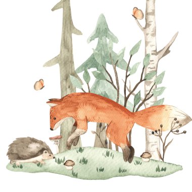 Cute forest animals, fox and hedgehog, spruce, trees, mushrooms, plants for baby cards, invitations, baby showers, nursery Watercolor composition  clipart