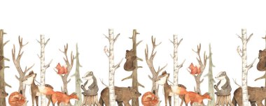 Orman hayvanları, tilki, geyik, ayı, porsuk, sincap, ağaçlar, huş ağaçları parmak izi, doku, hatıra defteri, çocuk odası, dikişsiz sınır 