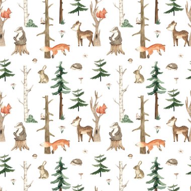 Orman hayvanları, tilki, sincap, geyik, tavşan, kuş, ağaç, köknar ağacı, her yeşillik, parmak izi, doku, beyaz arkaplan suluboya desenli defter 