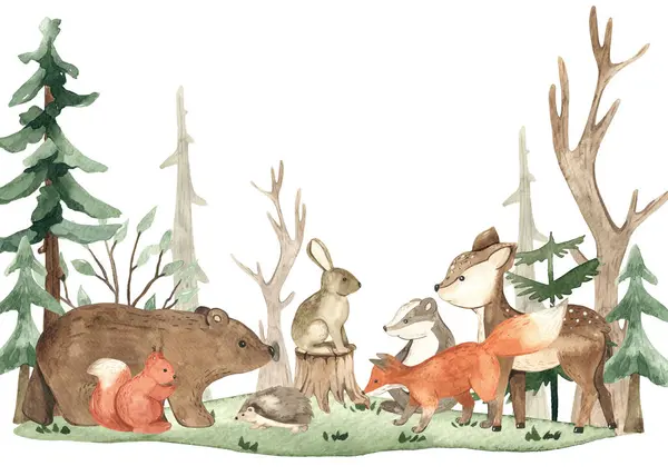 可爱的森林动物 在空地上的野兔 婴儿卡片植物 邀请函 幼儿园 婴儿淋浴水彩卡片 图库图片