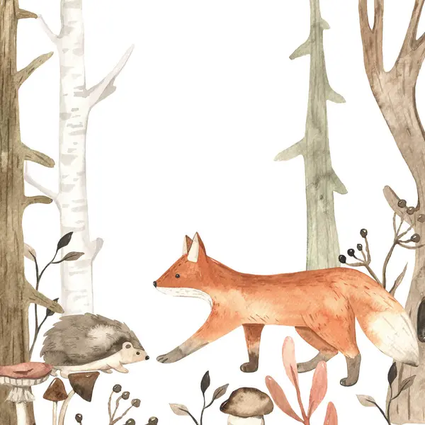 可爱的森林动物 狐狸和刺猬 婴儿卡片蘑菇 邀请函 婴儿淋浴 婴儿壁纸水彩画 免版税图库照片