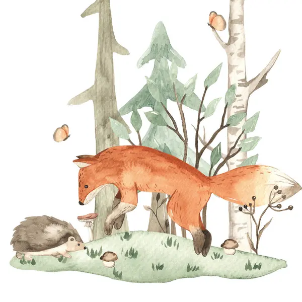 可爱的森林动物 狐狸和刺猬 婴儿卡片植物 邀请函 婴儿淋浴 婴儿水彩画 免版税图库图片