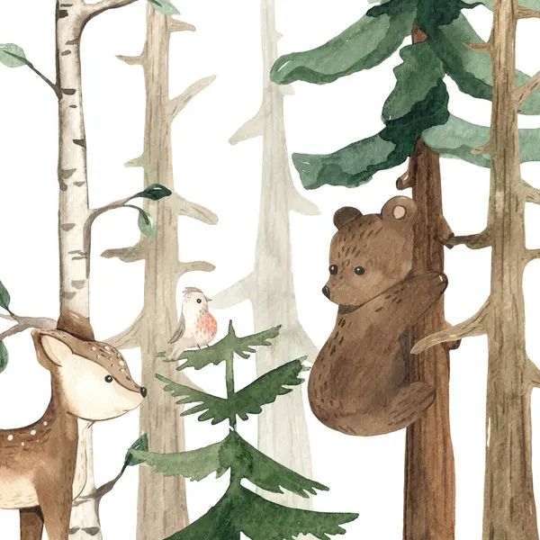 可爱的森林动物 树上的玩具熊 婴儿卡片树 邀请函 婴儿淋浴 婴儿墙纸水彩画 免版税图库图片