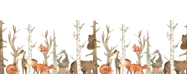 森林动物 供打印用的桦树 剪贴簿 苗圃水彩画无缝边界 图库照片