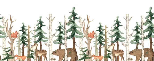森林动物 用于打印的桦树 剪贴簿 苗圃水彩画无缝边界 图库图片