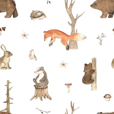 Şirin orman hayvanları, tilki, porsuk, kirpi, tavşan, ayı, ağaç, mantar, çocuk baskıları ve dokuları için sulu boya desensiz bitkiler 