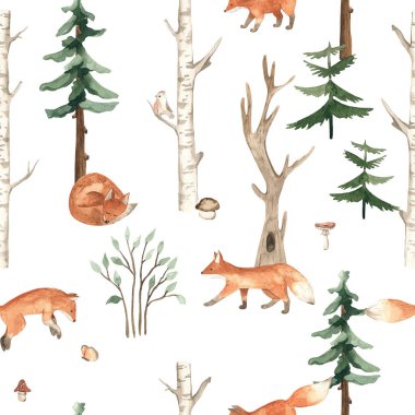 Orman hayvanları, tilki, kuş, ağaçlar, huş ağacı, köknar ağacı, köknar ağacı, Evergreen, parmak izleri, dokular, suluboya resimli defter, pürüzsüz desen 