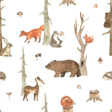 Orman hayvanları, tilki, sincap, geyik, tavşan, porsuk, ayı, ağaç, parmak izi, doku, hatıra defteri, fidanlık, dikişsiz suluboya deseni