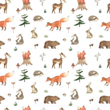 Çocuk odası için sevimli orman hayvanları, çocuklar için baskı, duvar kağıdı ve doku, beyaz arka planda boho tarzı suluboya desensiz