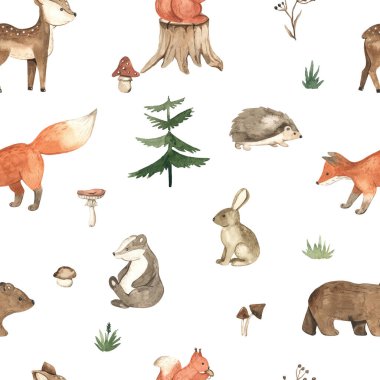 Çocuk odası için sevimli orman hayvanları, çocuklar için baskı, duvar kağıdı ve doku, boho tarzı suluboya kusursuz desen 