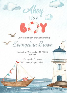 Gemi, yat, deniz feneri, sualtı yaratıkları, bebek davetiyeleri ve kartlar için suluboya bebek partisi 