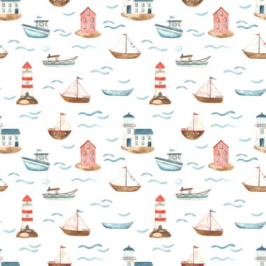 Gemiler, yatlar, buharlı gemiler, deniz fenerleri, çocuk izleri için dalgalar ve beyaz arkaplandaki suluboya kusursuz denizsel desenler.