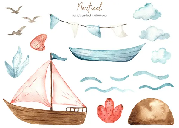 stock image Scarlet sails ship, boat, clouds, seagulls, flags, shell for children's invitations and cards Watercolor nautical set clipart 