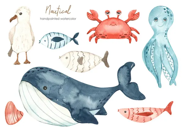 stock image Underwater creatures, whale, octopus, crab, fish, seagull, shell for baby invitations and cards Watercolor set clipart 