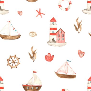 Gemiler, yatlar, buharlı gemiler, deniz feneri, dümen, çocukların parmak izleri ve dokuları için can simidi. 