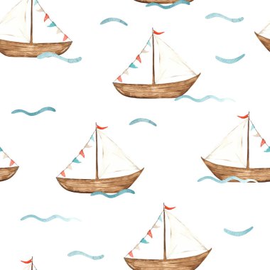 Gemi, çocuk izleri ve dokuları için yat suluboya kusursuz denizcilik deseni