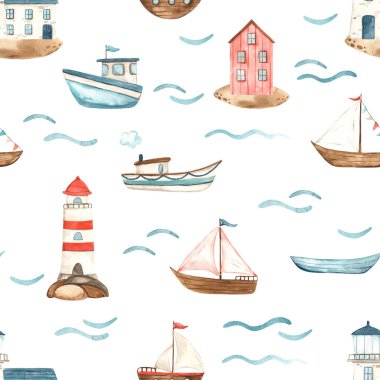 Gemiler, yatlar, buharlı gemiler, deniz fenerleri, çocukların parmak izleri ve dokuları için dalgalar.