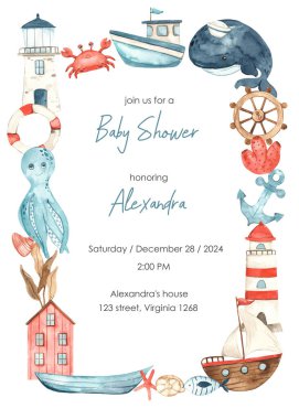 Gemi, yat, deniz feneri, sualtı yaratıkları, çapa, bebek davetleri için dümen ve kartlar suluboya bebek partisi 