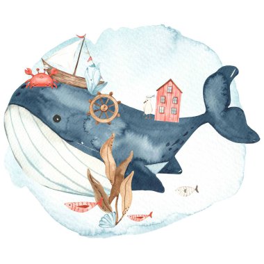 Şirin sualtı yaratığı mavi balina, gemi, yengeç, ev, çocuklar için illüstrasyon, kartlar, davetiyeler, bebek partisi suluboya kartı 