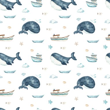 Gemiler, yatlar, buharlı gemiler, balinalar, sualtı yaratıkları çocukların parmak izleri ve beyaz arkaplandaki suluboya kusursuz deniz desenleri için.