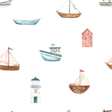 Gemiler, deniz feneri, çocukların parmak izleri ve dokuları için ev suluboya desensiz