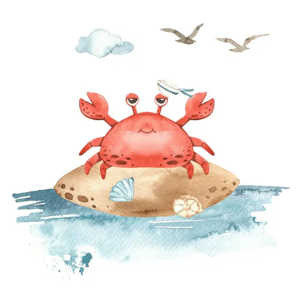 stock image Sailor crab on a stone, sea for boys, children's marine illustration Watercolor composition 