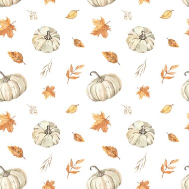 Balkabakları, sonbahar yaprakları, sonbahar baskısı, beyaz arkaplanda doku suluboya pürüzsüz desen 