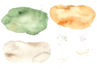 Sonbahar renkleri turuncu, yeşil, gri suluboya lekeleri, sıçramalar, mürekkepler ve lekeler 