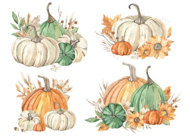 Watercolor hand drawn composition Pumpkins, autumn leaves and flowers clipart