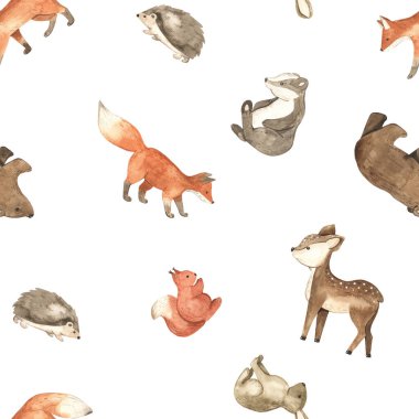 Cute forest animals for kids, print for nursery, texture Watercolor seamless pattern clipart