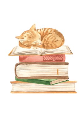 Kitaplar, kitaplar istiflenmiş, kitaplar üzerinde kedi yavrusu, herkes için bilgi, kartlar ve davetiyeler için suluboya kompozisyon 
