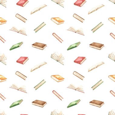 Kitaplar, beyaz arkaplanda dokular, baskılar, ambalajlar için rastgele sırayla açılır ve kapatılır. Suluboya kusursuz desen 