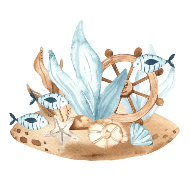 Deniz kabukları, deniz yosunu, deniz taşları, deniz tasarımı için balık suluboya kompozisyonu 