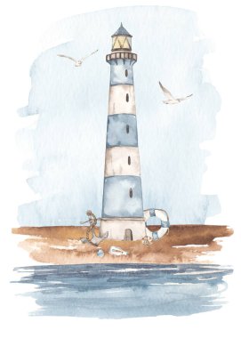 Deniz feneri arka planda ve deniz tasarımları, düğün, davetiyeler için martılar.