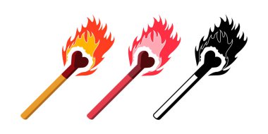 Alevli Kalp Eşleştirme Çubuğu Vektör Tasarımı, Kibrit Çubuğu Doodle Yapıştırma, Sticker, Merchandise veya Apparel için kullanılabilir