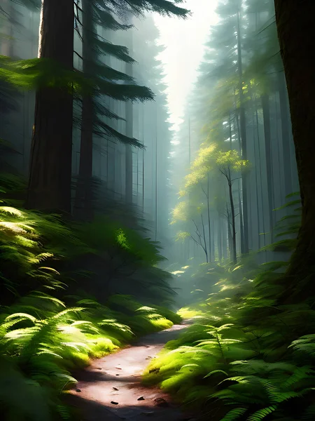 Лесная Тропа Зелеными Деревьями Светящимся Земле Светом — стоковое фото