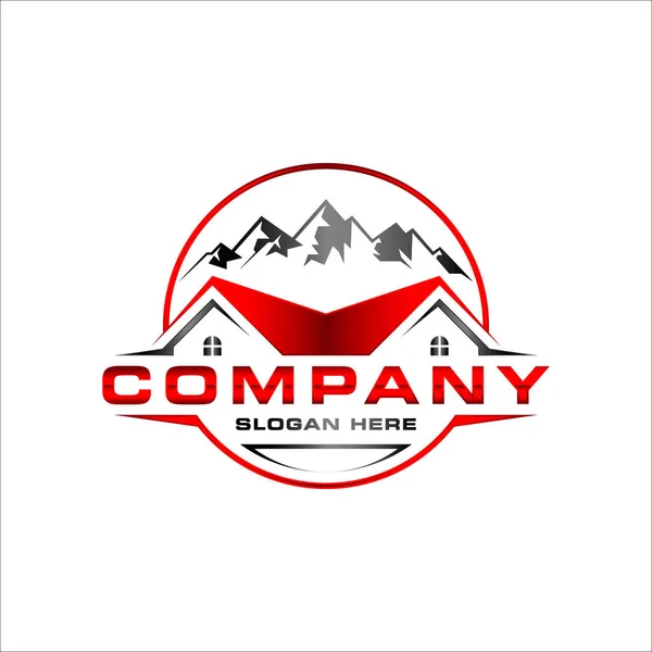 Logotipo Casa Del Tejado Con Montaña Aislada Círculo — Vector de stock