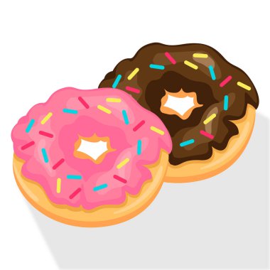 Beyaz arka planda renkli jöleli çörek. Çilekli ve çikolatalı donut. Vektör illüstrasyonu