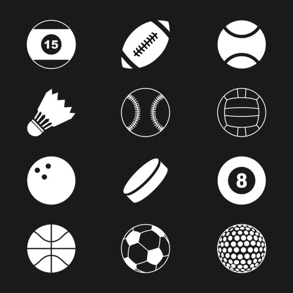 Sport balls icon set. Vector illustration set of different sports balls on black background