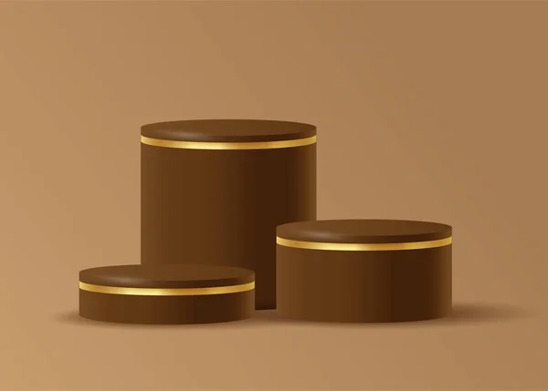 Altın çizgili boş podyum ya da kahverengi arka planda silindir standlı kaidesel ekran. Boş ürün rafı ayakta duruyor. 3B görüntüleme.