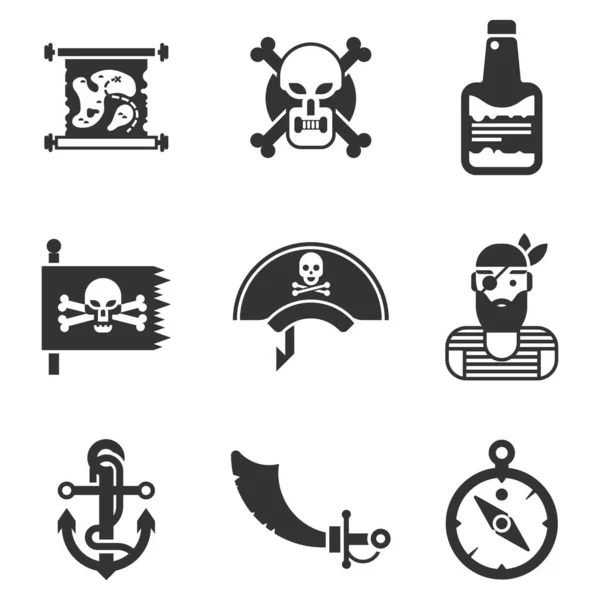 Pirates black icons set with boarding saber projectile for gun hand hook bottle of rum isolated illustration