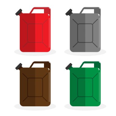 Jerrycan yağ tabelası. Jerry yağ tabelası. Düz gölgeli kırmızı, turuncu, sarı, yeşil, mavi ve menekşe simgeleri kümesi.