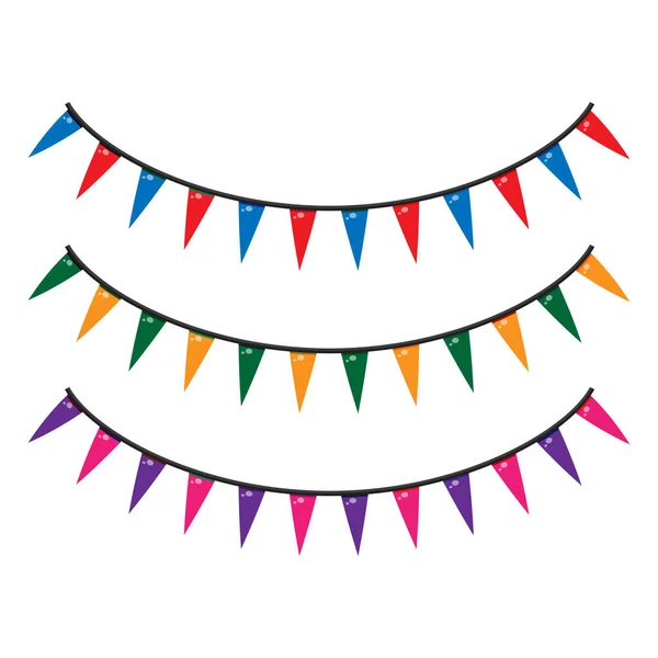 Bayraklı çelenk. Tasarım ve dekorasyon tatili. Doğum günü, karnaval, parti. Parlak flamalar. Dekoratif renkli elementler. Vektör illüstrasyonu.