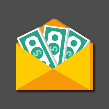  İçinde para olan zarfı aç. Finansal bir hediye. Göndermek, almak, ödüllendirmek, hediye etmek, bağışlamak. Çizgi film tarzında vektör illüstrasyonu.
