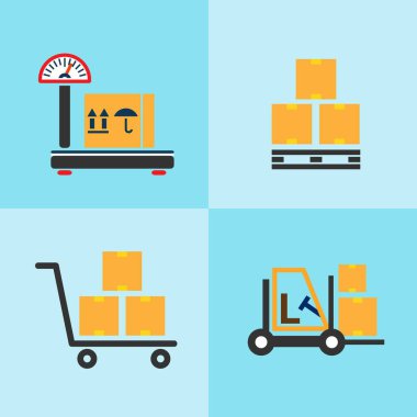  Kargo renk simgeleri ayarlandı. Teslimat servisi. Yükleyici, paketleme, modüller arası konteynır, tren, forklift, kurye, depo, terazi, kargo sigortası. İzole vektör çizimleri